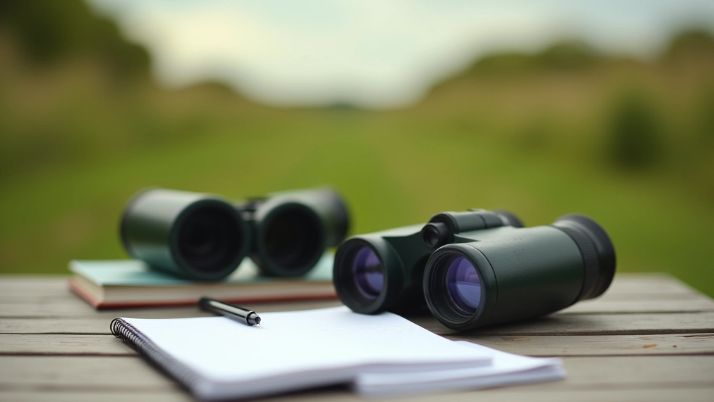 Verschillende verrekijkers en telescopen op een tafel, vogelgids boeken, notitieboekje en pen, natuurgebied op achtergrond