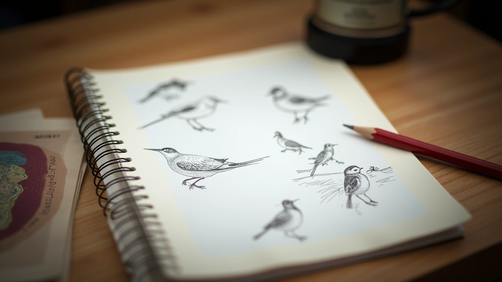 Vogelwaarnemingsnotitieblok met schets en aantekeningen, potlood ernaast op natuurlijke achtergrond, warm licht, close-up