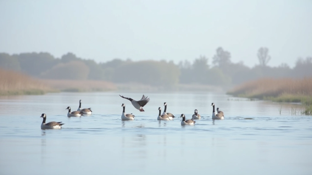 Vogels zwemmend op open wateroppervlak, groep ganzen in formatie, natuurlijke watervegetatie zichtbaar