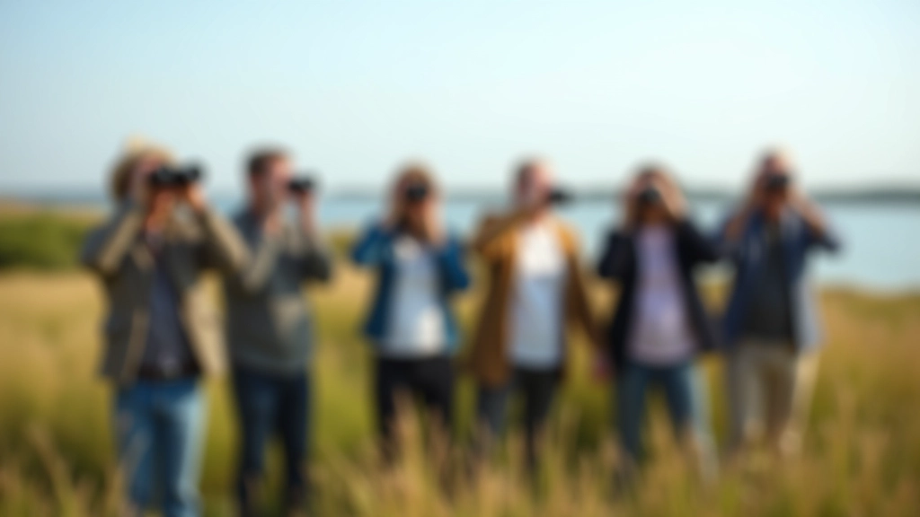 Groep vogelwatchers in natuurgebied, iedereen met verrekijker, verscheiden posities, rustig wandelend, heldere dag