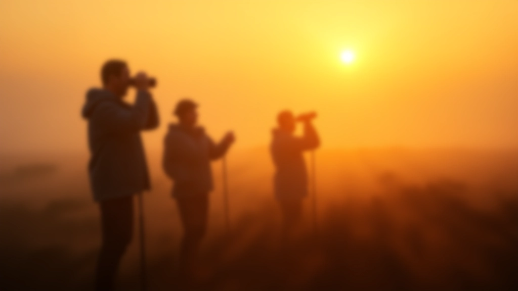 Vroege ochtend in een natuurgebied met mist, vogelwatchers met verrekijkers in silhouet, gouden ochtendlicht
