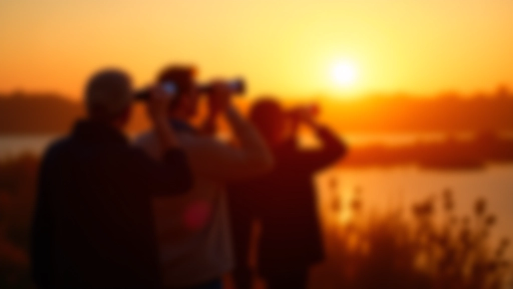 Vogelwatchers observeren vogels bij zonsondergang, warm gouden licht, groep met verrekijkers gericht op water, natuurgebied