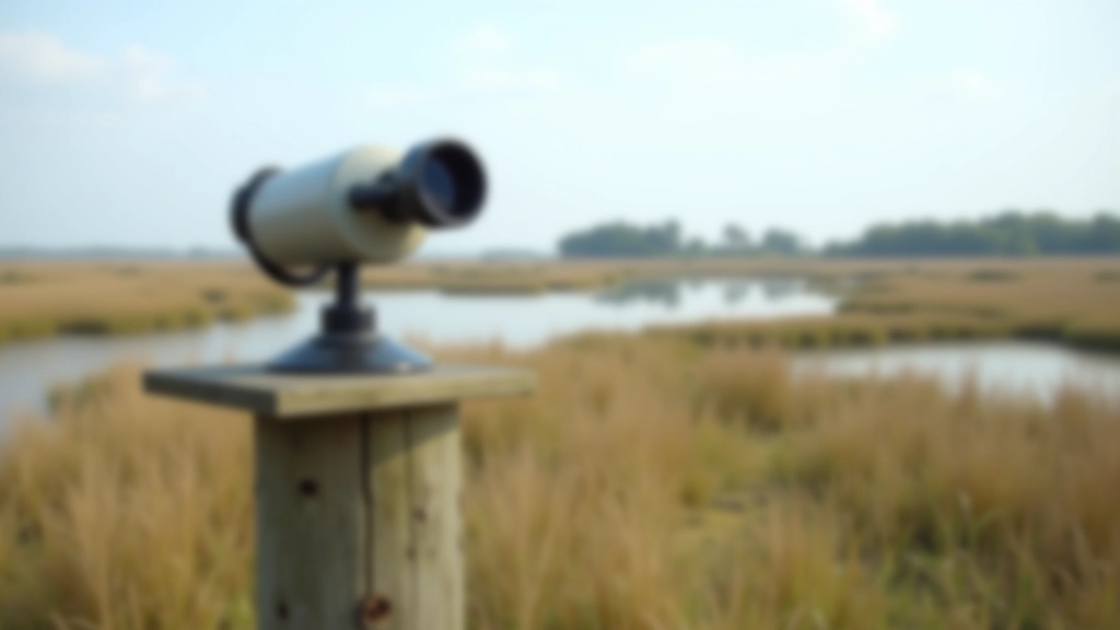Vogelwaarnemingspost met verrekijkers op een houten platform in een natuurgebied met uitgestrekte wateren