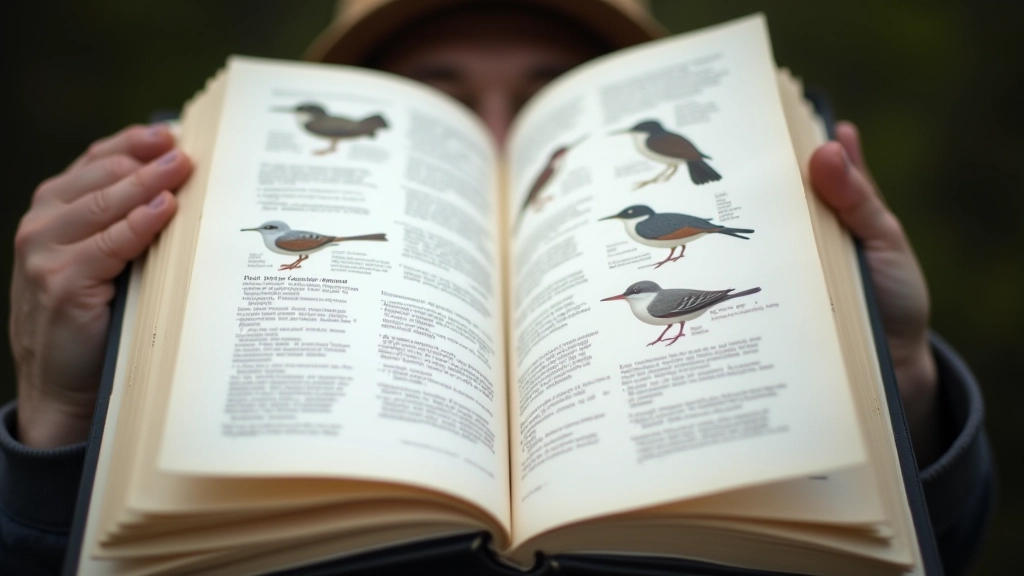 Close-up van vogelverenpatronen op een veldgids, gedetailleerde illustraties van vogelmarkeringen, natuurlijk licht, scherpe focus
