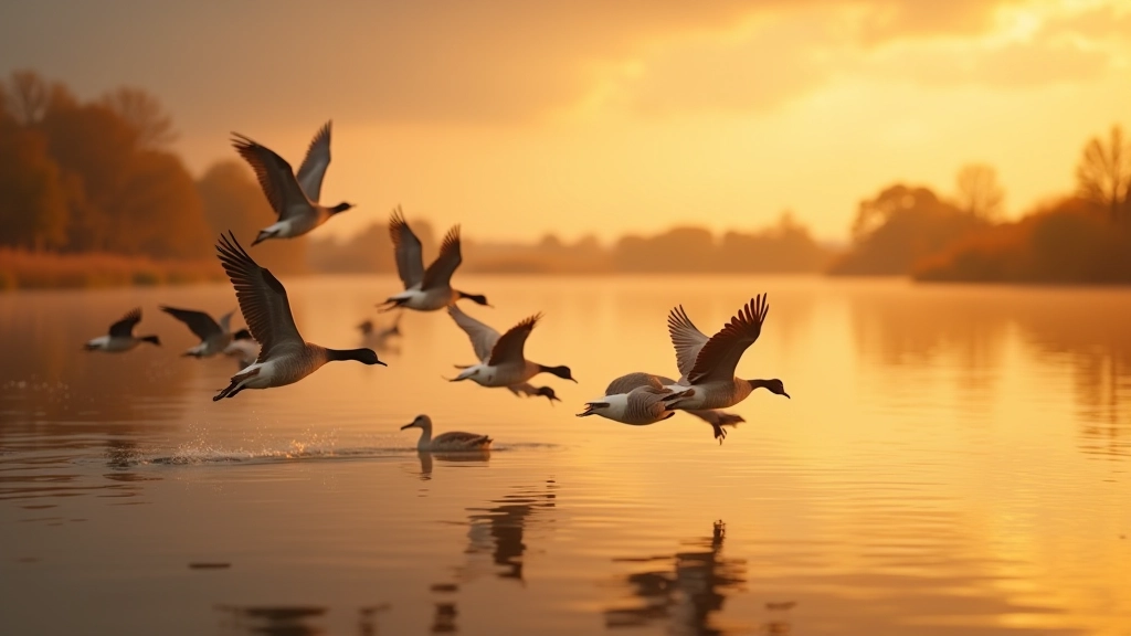 Herfstscène in Lauwersmeer met vliegende ganzen en eenden tegen de avondlucht