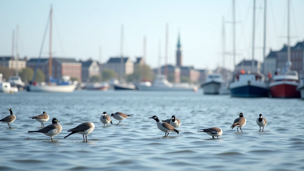 Havenlandschap met bootjes, watervogelsvloot op voorgrond, stadsarchitectuur op achtergrond