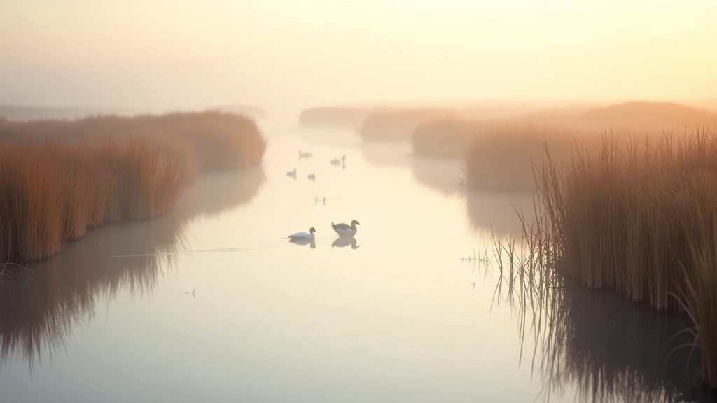 Natuurlijke waterspiegel met rietoevers en watervogels in de verte, vroeg ochtendlicht met mist