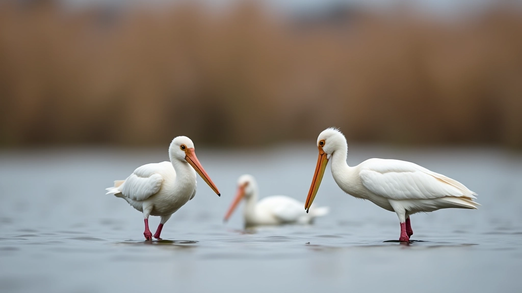 Groep lepelaren en eenden in het Lauwersmeer water met riet op de achtergrond in het voorjaar