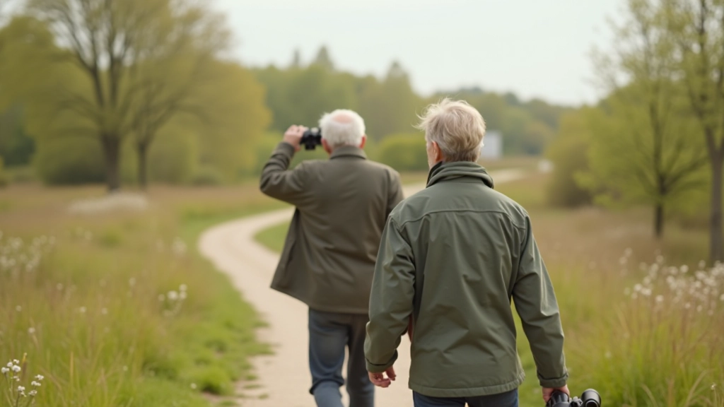 Twee gepensioneerden wandelen samen op een vogelwandeling in een natuurgebied met verrekijkers in handen