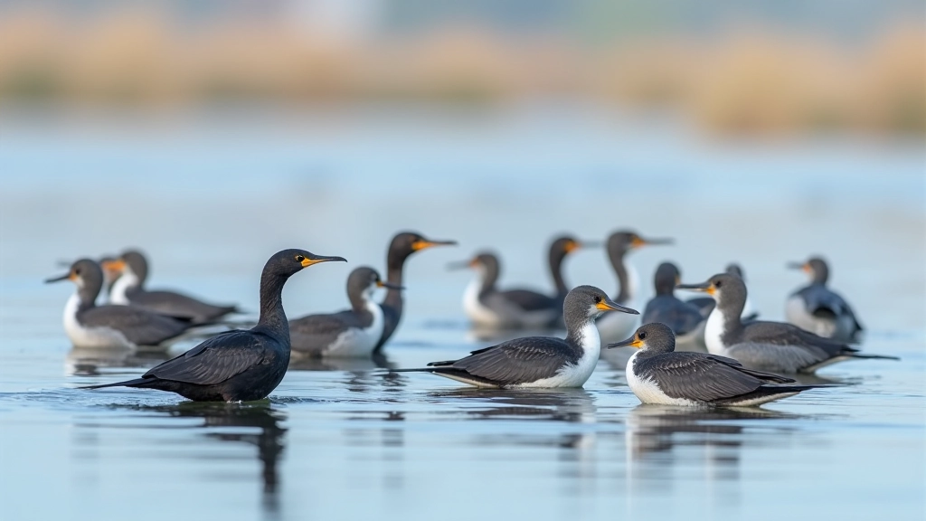 Groep watervogels op het water, aalscholvers en meeuwen zichtbaar, natuurlijk daglicht, vogelreservaat setting, scherpe focus