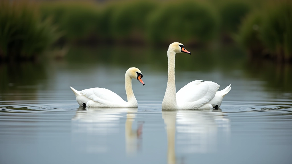 Witte zwaanenpaar op water met donkergroene rietkanten, reflectie in kalm water