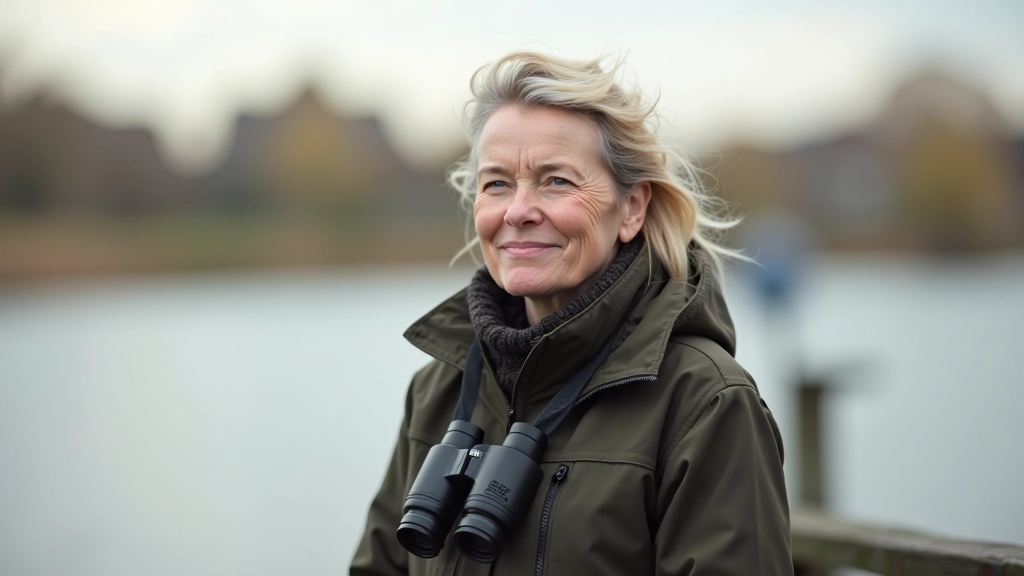 Beginnende vogelaar met verrekijker aan het water, zonnig weer, natuurlijke ochtendlicht, scherpe focus