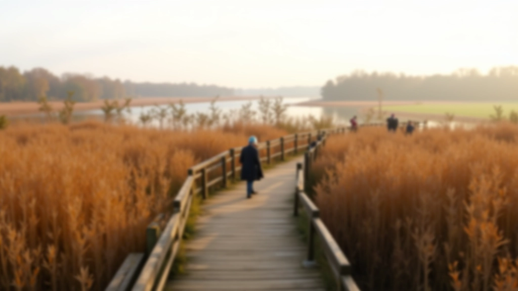 Houten observatieplatform boven rietkraag met weids watergebied in de achtergrond, herfstlicht